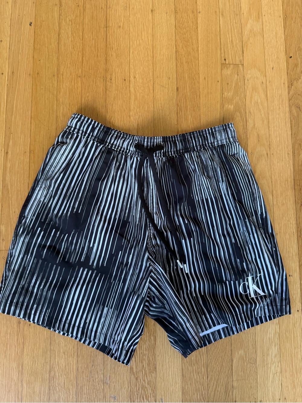 Calvin Klein Black with White Vertical Stripe Swim Trunks